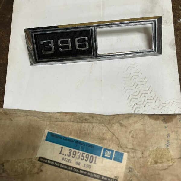 Bezel emblem, #3935901, 1968 Chevy 396, LH only, new, old stock