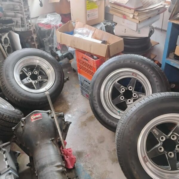 Wheels & tires, Weld forged, racing, Goodrich, 2-15 x 9, 5 1/2 back spacing, p235/60r15, 2-15 x 11, 6 1/2 back spacing, p295/50r15, no center caps, set