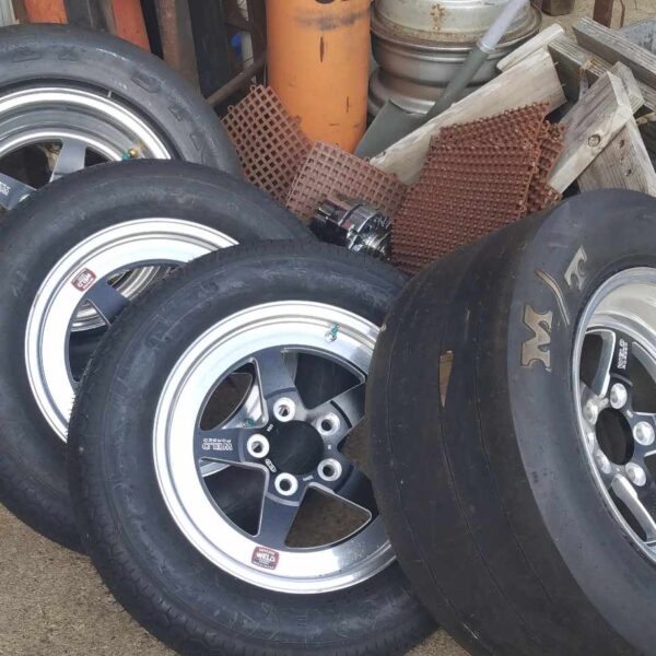 Weld Forged RT-S  wheels  and Mickey Thompson tires, racing, set of 4, front tires 26 x 7.5 x 15LT, rear 26 x 11.50x 15LT, mounted and balanced, wheel part front #71MB-504B15A , rear #71MB-510A65A  , 2 front, 2 rear, wheel size 15 x 4.075 , 15 x 10.33, BC 5 x 4.5, fits Ford and Chrysler, new