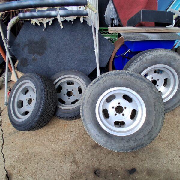 Wheels, ET aluminum mags and tires, set of 4, 15 x 8, tires old, some tread left, with lug nuts, 5 x 4.5 bolt pattern, fit Plymouth or Ford